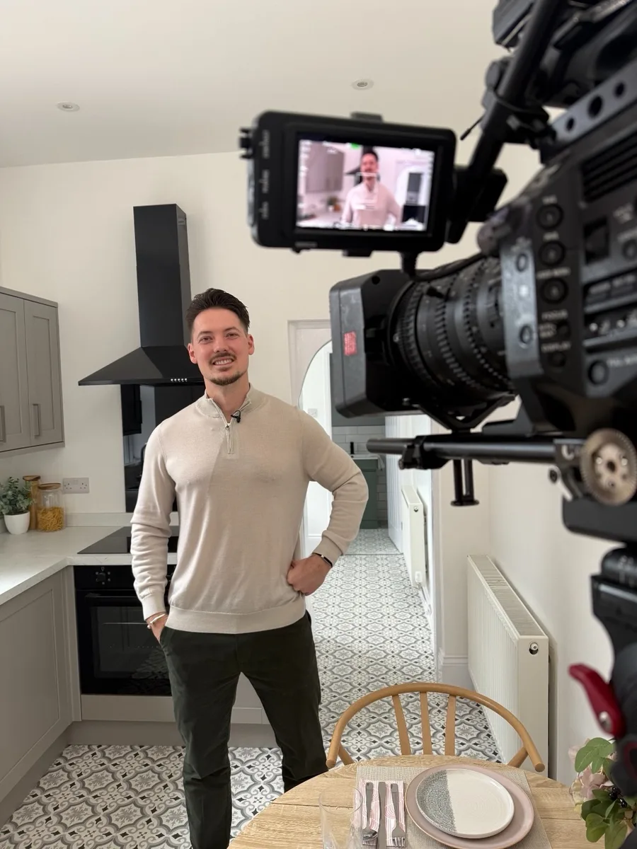 Ashley Coalter being filmed in a completed refurbishment for BBC Homes Under the Hammer